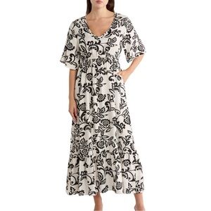 Area Stars Ivory Black Floral Midi Dress XS NWT Ruffle Hem Spring Summer